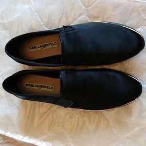 NWOT Authentic Karl Lagerfeld Chic Black Satin Slip On Platform Loafers 8.5M